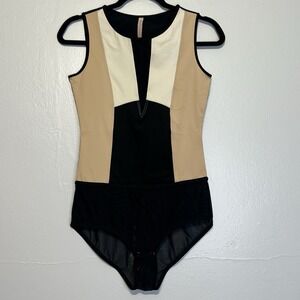WEAR IN GOOD HEALTH Bodysuit Luxury sz S Color‎ Block Black Tan MESH